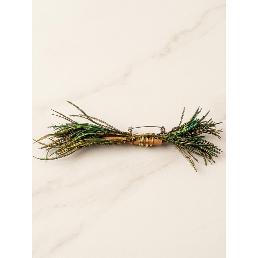 Handmade Peacock Feather Cinnamon Stick‎ Boho Whimsical Brooch Pin OS